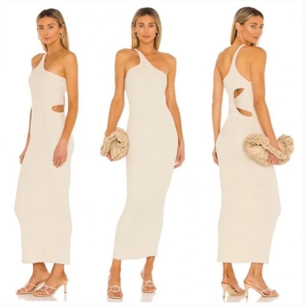 The Line by K Gael Asymmetrical One Shoulder Ribbed Maxi Dress in Oat